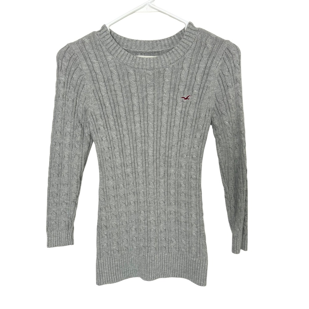 Hollister Y2K cable knit Sweater XS Gray 3/4 Sleeve Crew Neck Preppy twee school